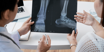 foot x-ray with doctors looking on